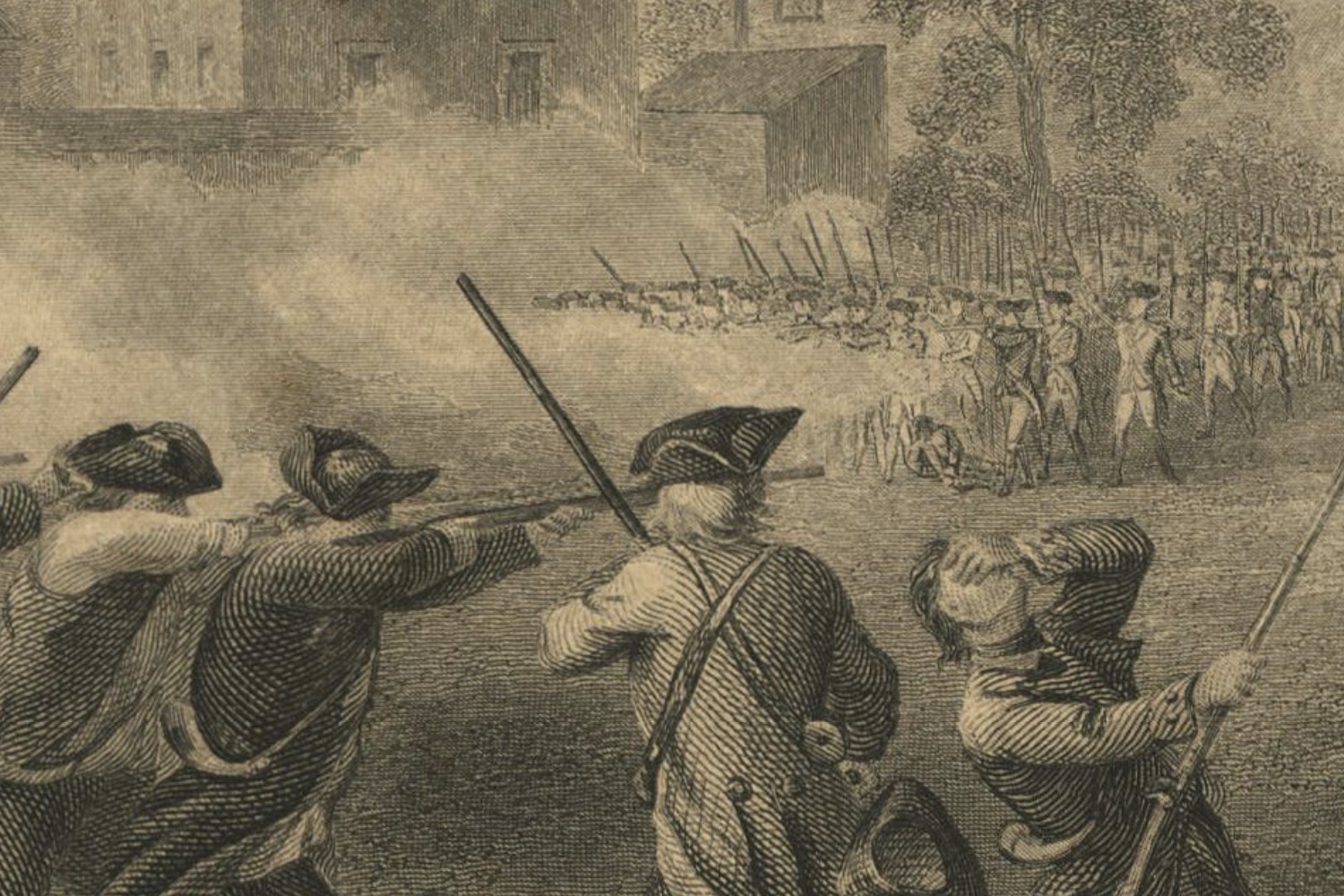 In this detail from Hammatt Billings' version of the battle of Lexington, a British soldier has fallen, shot in the leg.