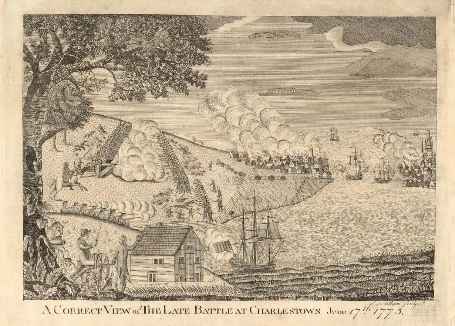 Aitken, A Correct View of The Late Battle at Charlestown [Bunker Hill], Robert Aitken, Philadelphia, 1775, Library of Congress, ca. 3-2 crop