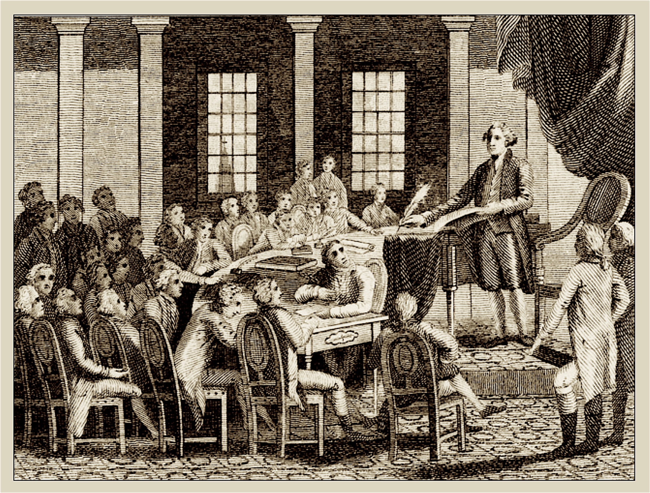 This engraving from 1823 is the earliest known depiction of the Federal Convention that devised the Constitution. Washington stands at center with the delegates listening to him speak.
