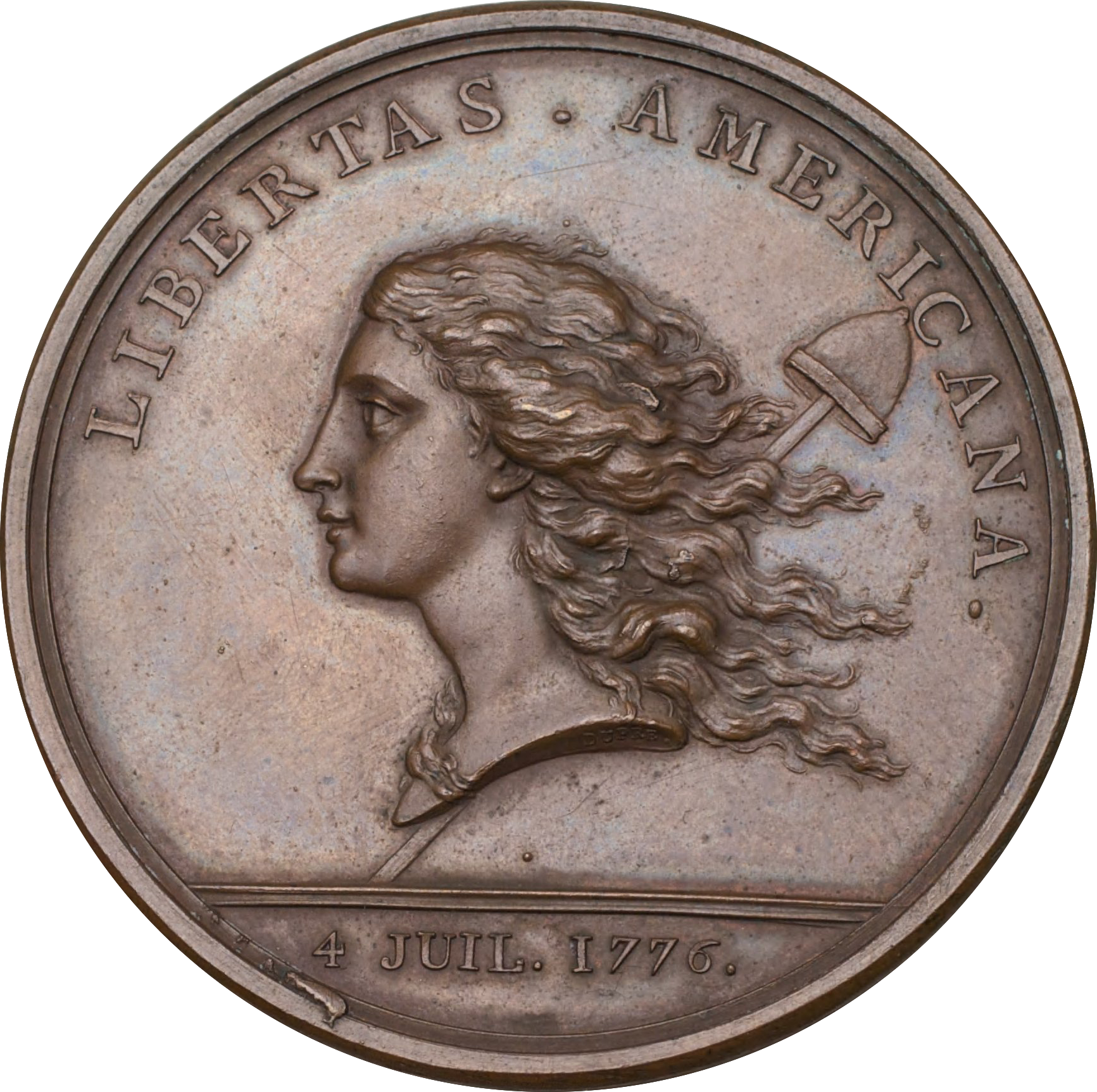 Close-up of a copper coin showing a left-facing Liberty profile with flowing hair, surrounded by the inscription LIBERTAS AMERICA and the date 4 JUIL. 1776.