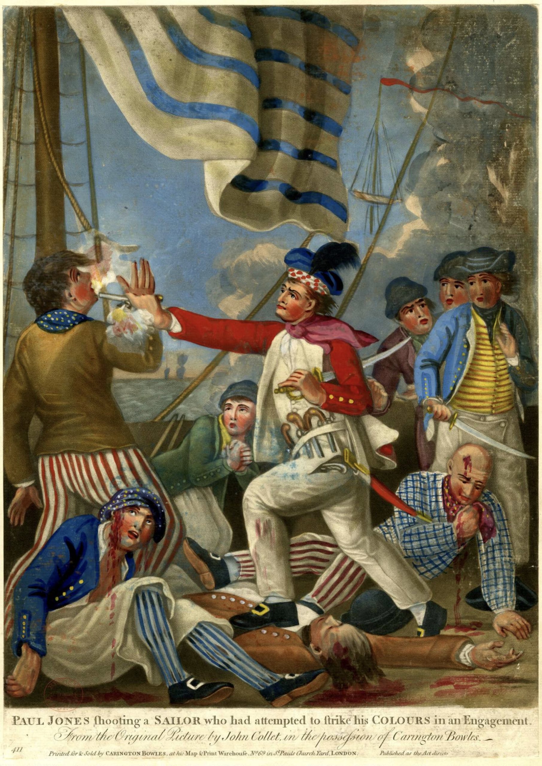 John Paul Jones, portrayed as a cruel pirate in a Scottish bonnet, shoots one of his own sailors in this 1779 British print.