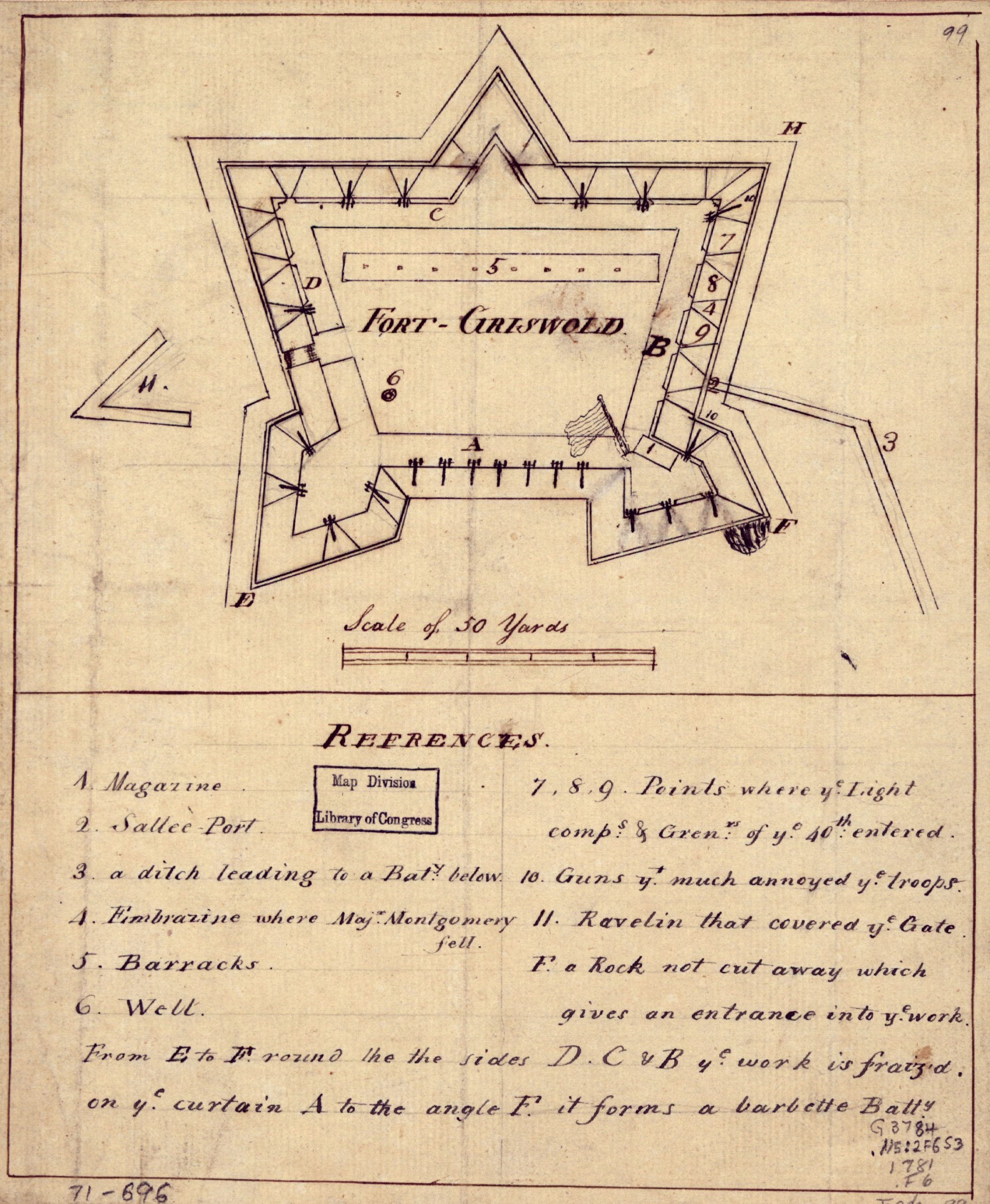 This British plan of Fort Griswold depicts the walls of the fort and the bastions from which the defenders fired.