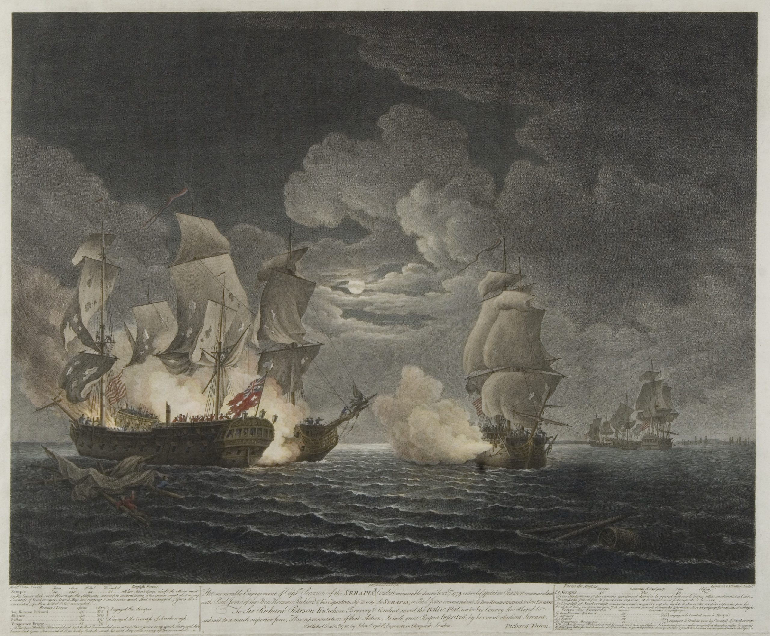 The Bonhomme Richard, commanded by John Paul Jones, engages the Serapis at close quarters in this 1781 engraving.