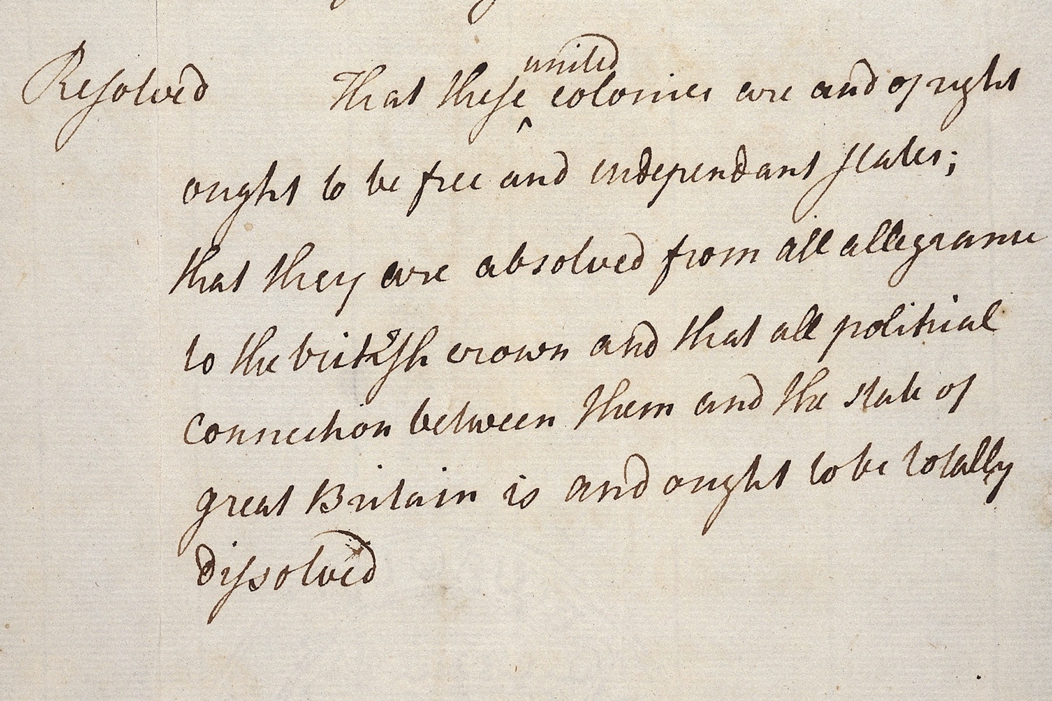 This is the original congressional secretary's manuscript of the "resolution for independency" approved by congress on the second of July, 1776.