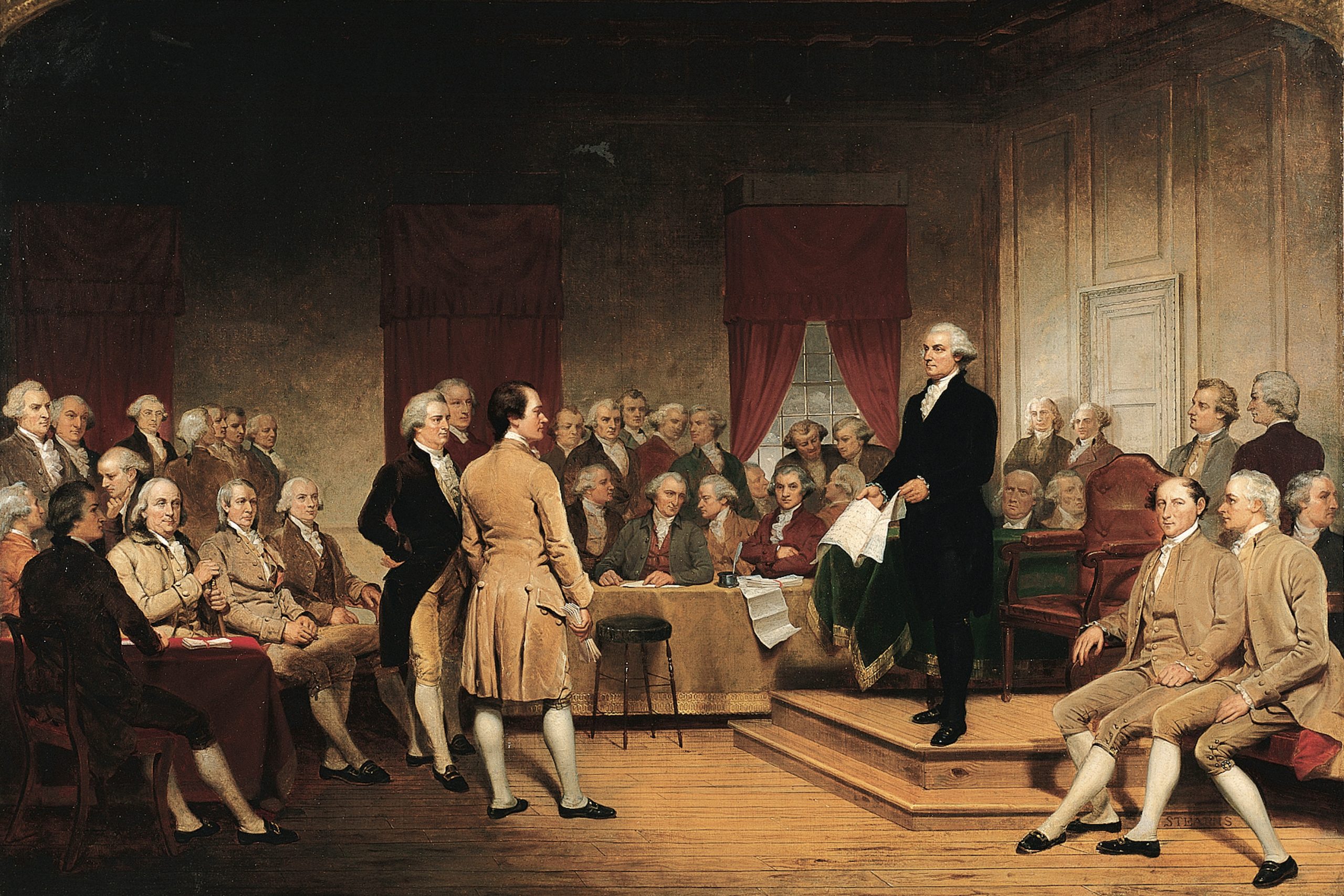 Washington Addressing the Constitutional Convention, Junius Brutus Stearns, 1856, VMFA, cropped 3-2 In this 1856 painting by Junius Brutus Stearns, George Washington addresses the Constitutional Convention, an event once addressed in basic U.S. history survey courses.