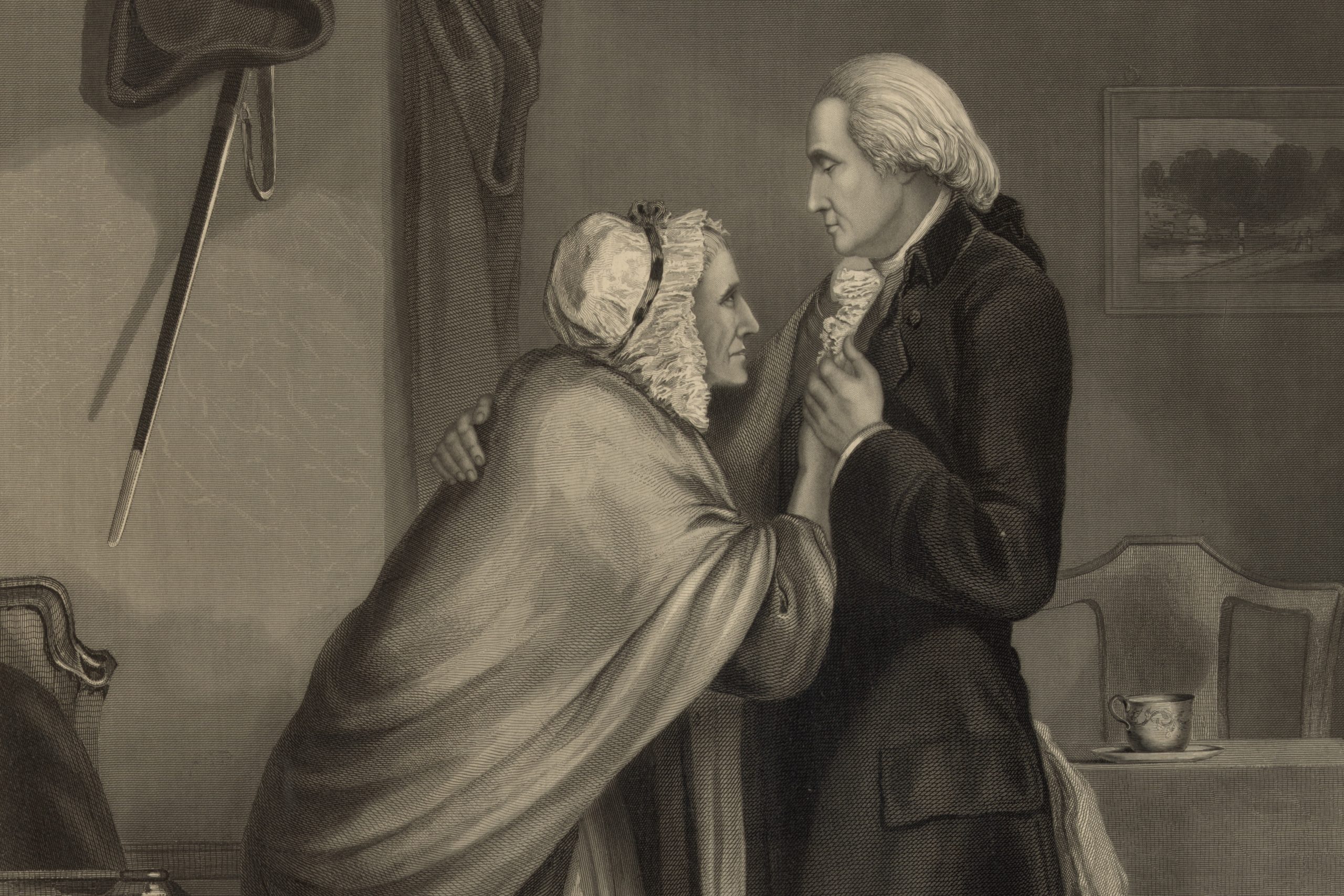 Two 18th-century figures in a doorway share a close embrace indoors, the woman in a bonnet and cloak facing the man in a coat near a teacup on a table.
