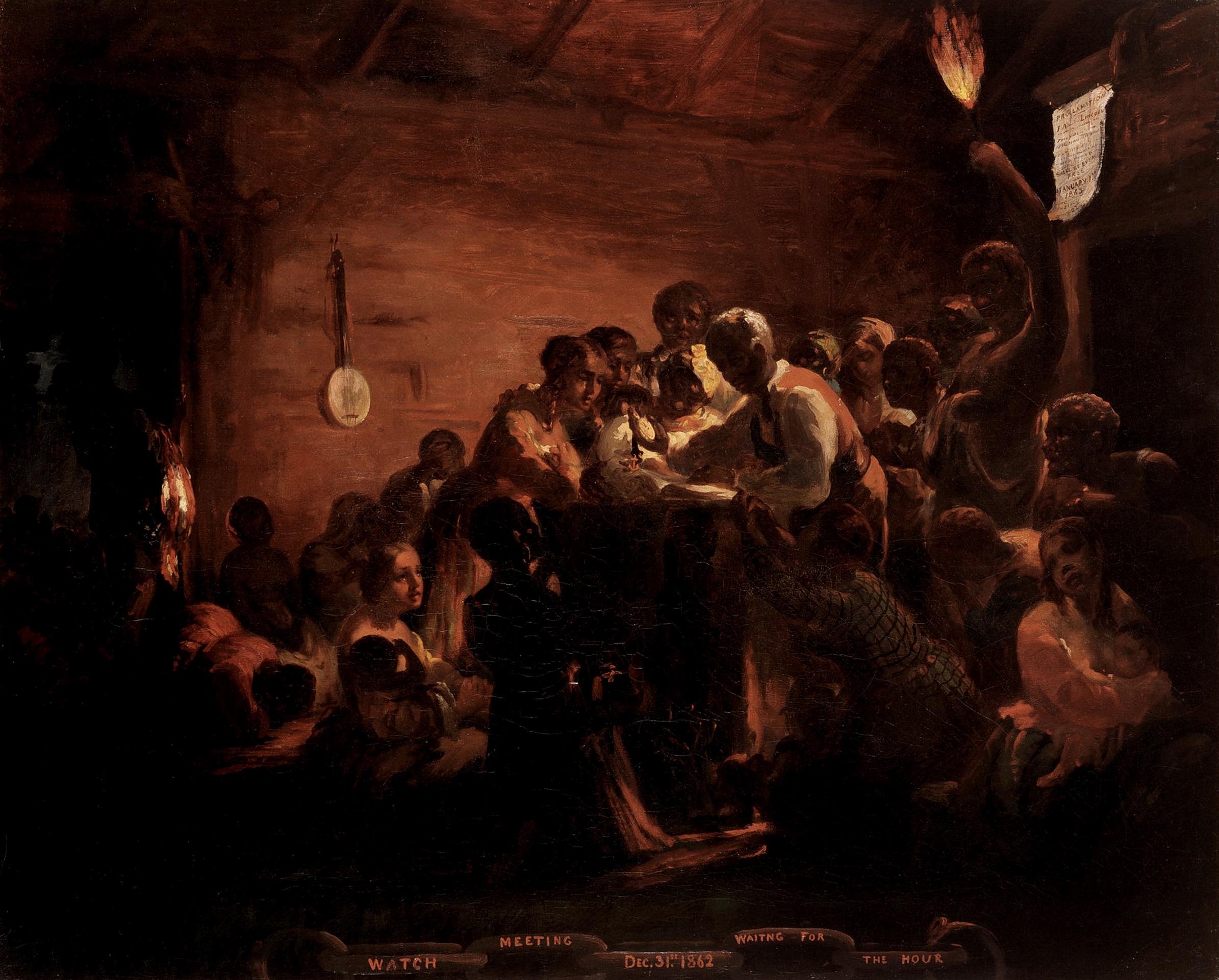 In this 1863 painting, a group of enslaved people in cramped, dark house wait expectedly for midnight, December 31, 1862, when the Emancipation Proclamation would go into effect and they would be free.